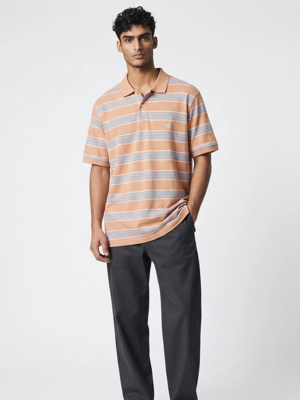 Chaps Men's Orange White Blue Striped Polo Shortsleeve Shirt Size Xlarge